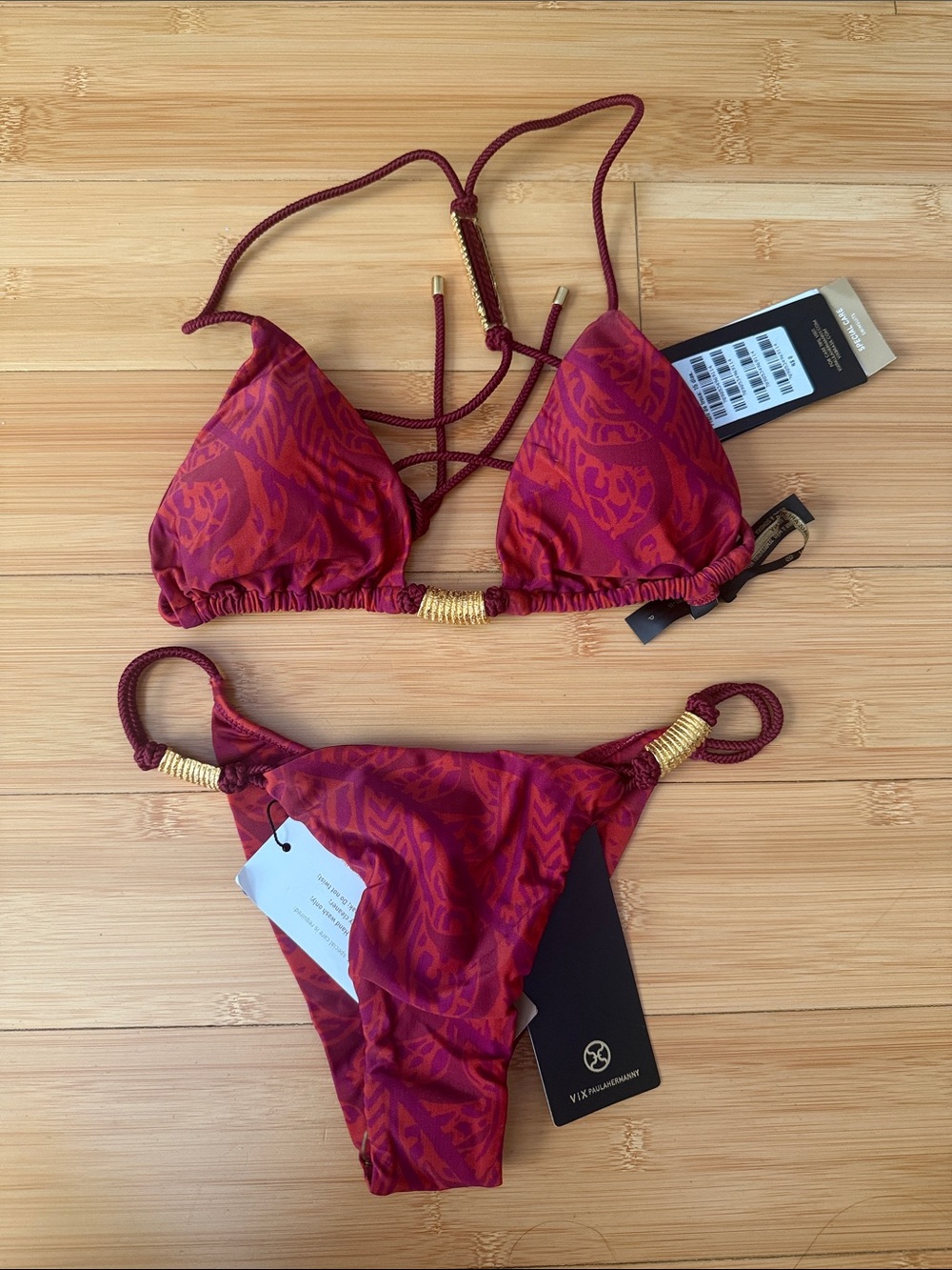 VIX Paula Hermanny Red Printed Triangle Bikini with Gold Accents